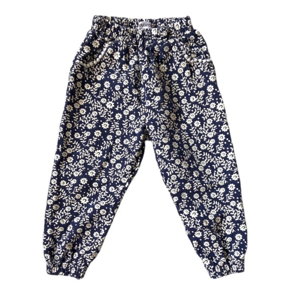 Pants Leggings Joggers Navy White Floral Elastic High Waist